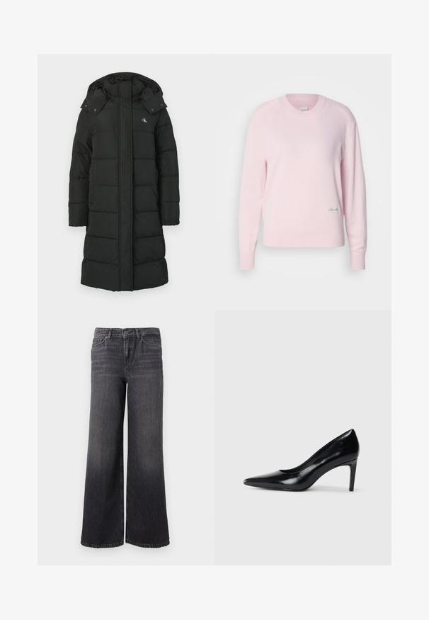 Sort puffers jacket med hætte, featuring en quiltet design, front lynlås lukning, og logo på venstre bryst. Glat, isoleret stof.; Lyserød sweater lavet af blødt strikstof. Har en rund hals og lange ærmer, med et lille grønt logo nederst til venstre.; Bredde ben mørkegrå denimjeans med en subtil falmning, der har knaplukning, fem lommer og en lige kant ved anklen.; Sort læder højhælede sko med spids tå, glat tekstur og en taperet hæl. Minimalistisk design uden yderligere udsmykninger.