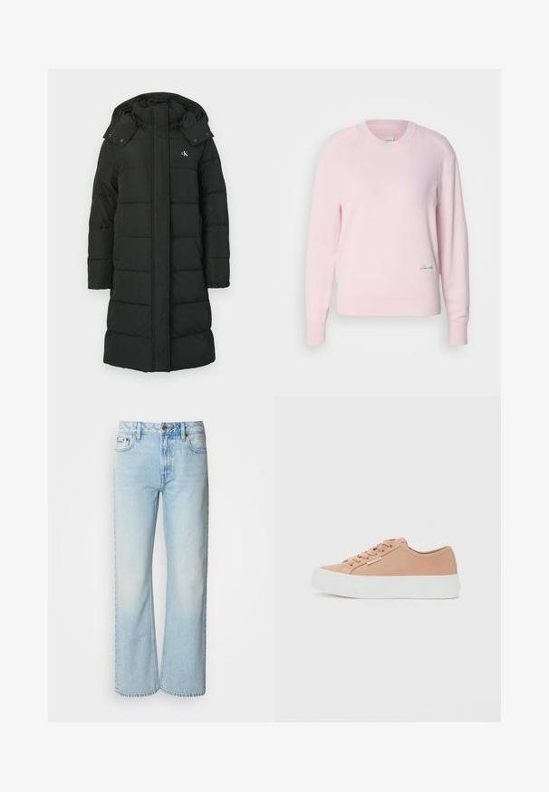 Sort puffers jacket med hætte, featuring en quiltet design, front lynlås lukning, og logo på venstre bryst. Glat, isoleret stof.; Lyserød sweater lavet af blødt strikstof. Har en rund hals og lange ærmer, med et lille grønt logo nederst til venstre.; Lyseblå brede jeans lavet af denim med et klassisk fem-lomme design og en subtil falmet tekstur. Denim-syninger er synlige.; Lavtop pastellrosa sneakers med snørebånd fortil, hvid platform sål og lille metal logo-tags på siden.