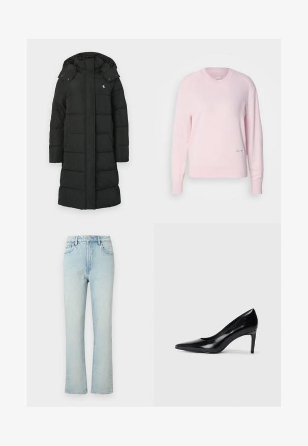 Schwarze Daunenjacke mit Kapuze, die ein gestepptes Design, einen Frontreißverschluss und ein Logo auf der linken Brust aufweist. Glattes, isoliertes Material.; Helles rosa Sweatshirt aus weichem Strickmaterial. Mit Rundhalsausschnitt und langen Ärmeln, versehen mit einem kleinen grünen Logo auf der unteren linken Seite.; Hellblaue Jeans mit hoher Taille und geradem Bein, vorne mit Knopf, Gürtelschlaufen und klassischem Fünf-Taschen-Design auf einfarbigem Hintergrund.; Schwarzer Lederhochschuh mit spitzem Zehenbereich, glatter Textur und schmalem Absatz. Minimalistisches Design, keine zusätzlichen Verzierungen.