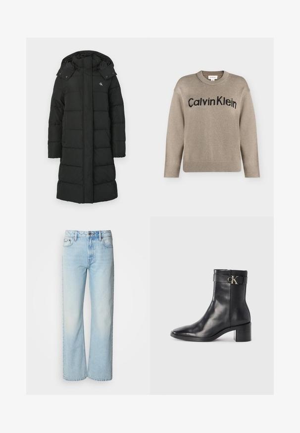 Sort puffers jacket med hætte, featuring en quiltet design, front lynlås lukning, og logo på venstre bryst. Glat, isoleret stof.; Beige strikket langærmet sweater med ribstrikkede manchetter og kant, med "Calvin Klein"-logo i sort over brystet.; Lyseblå brede jeans lavet af denim med et klassisk fem-lomme design og en subtil falmet tekstur. Denim-syninger er synlige.; Sort læder ankelstøvle med spids tå, blokhæl og en rem med en metallisk logo detalje. Glat tekstur og minimalistisk design.