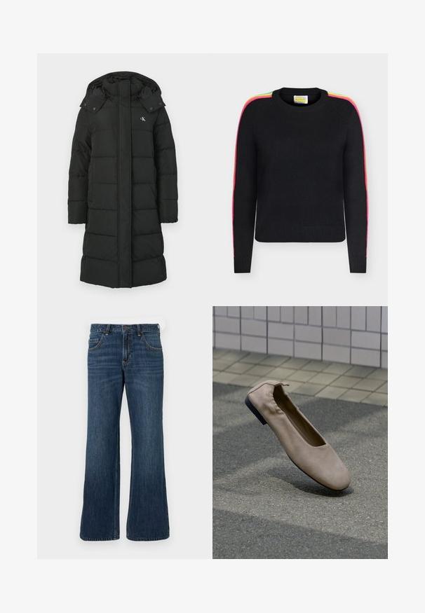 Must-kate, mille rindadega, millel on tikand, ees lukuklapp ja logo vasakul rinnal. Sile, isoleeritud kangas.; Mustast männiksest kampsun pika varrukaga ja neoonvikerkaare triipudega, mis jooksevad kaelusest kuni mansettideni mõlemal käel.; Tumesinised laia lõikega teksad, millel on klassikaline viie taskuga disain, nupuga kinnis ja õrn tuhmumine. Valmistatud teksariidest.; Beež värvi tasane king ümmarate varvaste ja elastse tagumise osaga, hõljub plaatidega ja sillutisega kaetud pinnal.