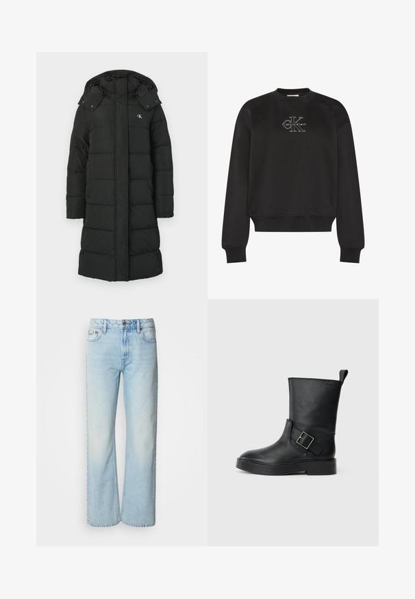 Zwarte pufferjas met een capuchon, voorzien van een gewatteerd ontwerp, rits aan de voorkant en een logo op de linkerborst. Glad, geïsoleerd materiaal.; Zwarte sweater met lange mouwen en ronde hals, met wit Calvin Klein "CK"-logo centraal op de borst, geribbelde manchetten en zoom.; Lichtblauwe wijde jeans van denim, voorzien van een klassiek vijf-pocket ontwerp en een subtiele vervaagde textuur. Denimstiksels zijn zichtbaar.; Zwarte leren enkelboot met een ronde neus, platte zool en een zilveren gespaccent aan de zijkant. Beschikt over een lus aan de achterkant.