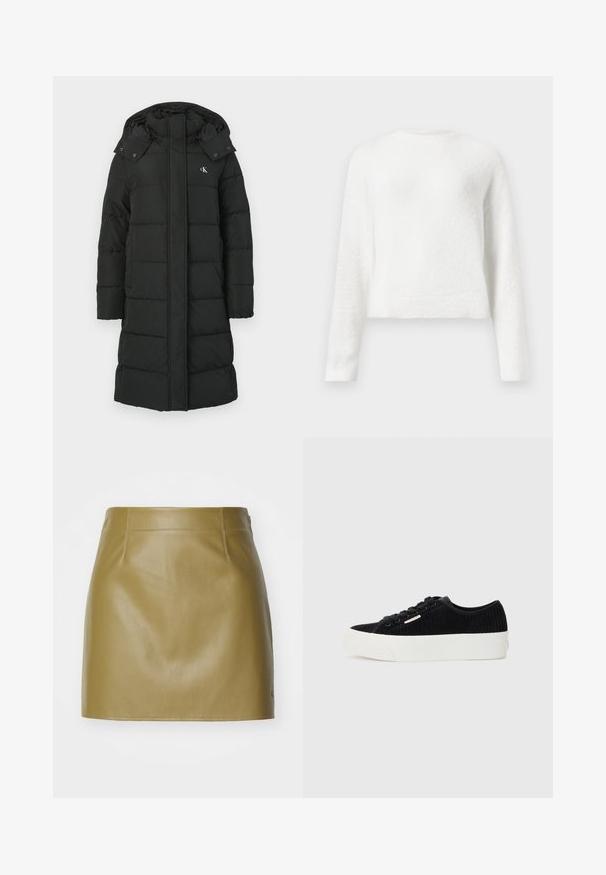 Must-kate, mille rindadega, millel on tikand, ees lukuklapp ja logo vasakul rinnal. Sile, isoleeritud kangas.; Valge pika varrukaga pehme crewneck sviiter, millel on veidi lühem lõige ja tekstureeritud kangas.; Olivroheline nahast mini-seelik sujuva tekstuuriga, millel on kaks esimest õmblust ja sirge lõige, lõpetatud minimalistische õmblemise detailidega.; Must mustruudust sneaker valge kummist tallaga. Omab ümarat ninaosa, paelad ees ja minimalistlikku logo aktsenti küljel.