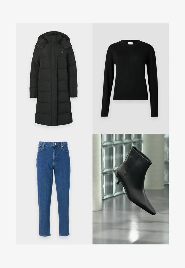 Sort puffers jacket med hætte, featuring en quiltet design, front lynlås lukning, og logo på venstre bryst. Glat, isoleret stof.; Sort strikket sweater med rund halsudskæring, lange ærmer og en slank pasform, der har en glat struktur og minimal detaljer.; Blå denim jeans med høj talje, lynlås, fem lommer, lige ben og en diskret fadet tekstur, samt en ren sømfinish.; Sort læderankelstøvle med spids tå og lav kitten-hæ, vist vinklet mod en poleret gulv- og glasblokvæg.
