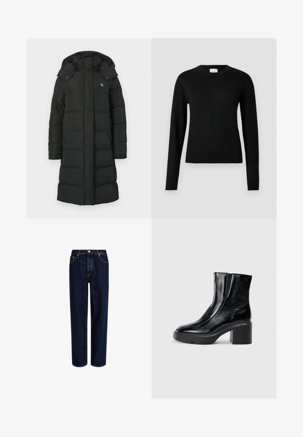 Schwarze Daunenjacke mit Kapuze, die ein gestepptes Design, einen Frontreißverschluss und ein Logo auf der linken Brust aufweist. Glattes, isoliertes Material.; Schwarzer Strickpullover mit Rundhalsausschnitt, langen Ärmeln und einer schlanken Passform. Er verfügt über eine glatte Textur und minimale Details.; Dunkelblaue Denim-Jeans mit geradem Bein, hoher Taille, fünf Taschen und kontrastierenden Nähten. Ohne Verzierungen.; Schwarze Lackleder-Stiefeletten mit einer geschwungenen Zehenpartie, elastischen Seiteneinsätzen und einem klobigen Blockabsatz. Mit geprägtem Logo auf der Rückseite.