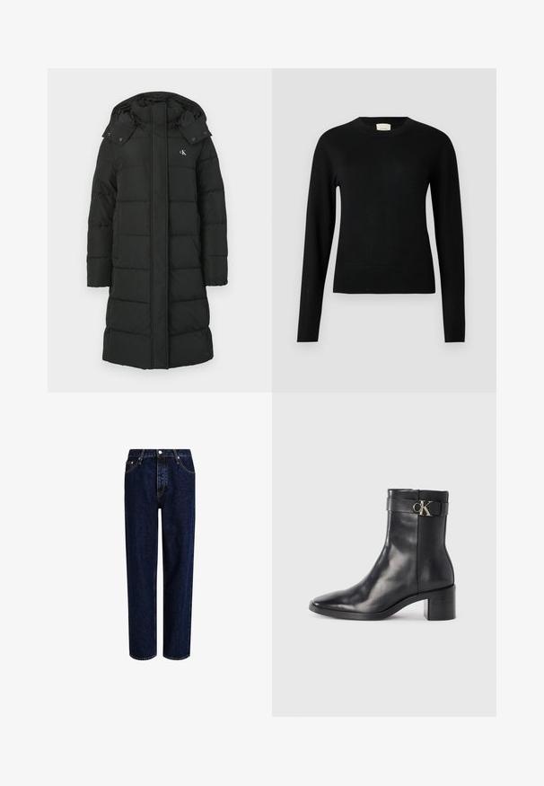 Sort puffers jacket med hætte, featuring en quiltet design, front lynlås lukning, og logo på venstre bryst. Glat, isoleret stof.; Sort strikket sweater med rund halsudskæring, lange ærmer og en slank pasform, der har en glat struktur og minimal detaljer.; Mørkeblå denim jeans med lige ben-design, der har høj talje, fem-lomme-stil og kontrastsyninger. Ingen dekorationer.; Sort læder ankelstøvle med spids tå, blokhæl og en rem med en metallisk logo detalje. Glat tekstur og minimalistisk design.