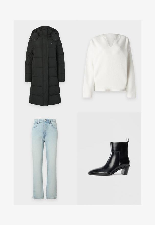 Must-kate, mille rindadega, millel on tikand, ees lukuklapp ja logo vasakul rinnal. Sile, isoleeritud kangas.; Valge, tekstuuriga pullover V-kaelusega ja pikkade varrukatega. Omab ruudukujulist siluetti ja pehmet, mugavat kangast. Lihtne ja minimalistik disain.; Hele sinised kõrge vöökohaga sirgete säärtega teksapüksid ees nööbiga, vööaasadega ja klassikalise viie taskuga disainiga ühevärvilise taustaga.; Must musta saapad terava nina, geomeetrilise kuuega ja tagaküljel tõmberaudaga. Sile tekstuur ja läikiv disain.
