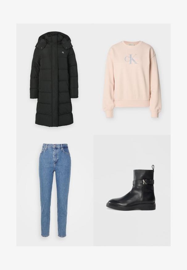 Sort puffers jacket med hætte, featuring en quiltet design, front lynlås lukning, og logo på venstre bryst. Glat, isoleret stof.; Lyserød Calvin Klein sweatshirt med lange ærmer, rund hals, ribstrikkede manchetter og frontlogo i lysegrå og hvide bogstaver.; Blå højtaljede lige jeans med frontknap og lynlås, bæltestropper og lommer, præsenteret på en ensfarvet hvid baggrund.; Sort læder ankelstøvle med flad sål, der har en sidelås og detalje med sølvfarvet CK-logo. Glat overflade og strømlinet design.