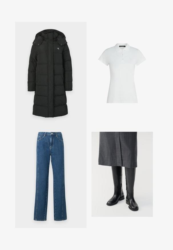 Must-kate, mille rindadega, millel on tikand, ees lukuklapp ja logo vasakul rinnal. Sile, isoleeritud kangas.; Valge lühikeste varrukatega polo-särk, millel on kolm nööpi, krae ning vasakul rinnal peen tikitud logo.; Sinine teksariie, millel on mugav lõige, kõrge vöökoht, viis taskut ja kontrastsed õmblused. Materjal on sileda tekstuuriga.; Põlve kõrguseni ulatuvad mustad nahast saapad, millel on sujuv tekstuur, külg zipperid ja tasane tald. Saapad on varustatud struktureeritud varre ja minimaalsete metalldetailidega.