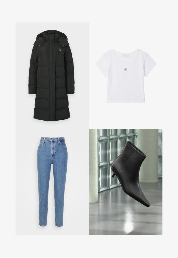 Schwarze Daunenjacke mit Kapuze, die ein gestepptes Design, einen Frontreißverschluss und ein Logo auf der linken Brust aufweist. Glattes, isoliertes Material.; Weißes Crop-Top mit kurzen Ärmeln, rundem Ausschnitt und kleinem quadratischem Calvin Klein Jeans Logo-Patch in der Mitte vorne.; Blaue hochtaillierte gerade Jeans mit verdecktem Knopf und Reißverschluss, Gürtelschlaufen und Taschen, vor einem schlichten weißen Hintergrund präsentiert.; Schwarzer Leder-Knöchelstiefel mit spitzer Spitze und kleinem Absatz vor einer Wand aus Glasbausteinen und einem polierten Boden.
