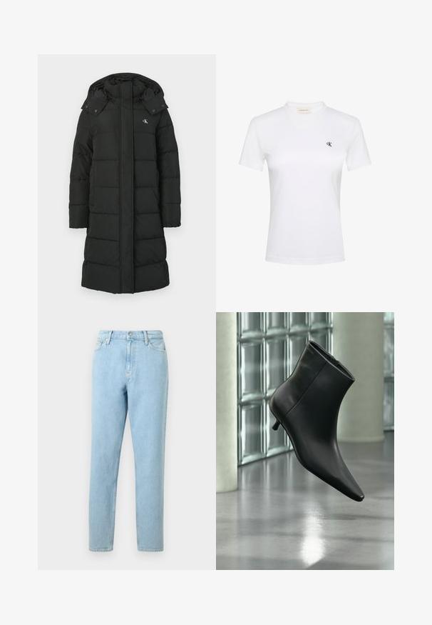 Sort puffers jacket med hætte, featuring en quiltet design, front lynlås lukning, og logo på venstre bryst. Glat, isoleret stof.; Hvid T-shirt med korte ærmer og rund halsudskæring med lille sort "cK"-logo på venstre bryst og Calvin Klein Jeans-label indeni kraven.; Lyseblå denimjeans med lige ben, femlommers design og knaplukning. Har subtilt slid og en glat tekstur.; Sort læderankelstøvle med spids tå og lav kitten-hæ, vist vinklet mod en poleret gulv- og glasblokvæg.