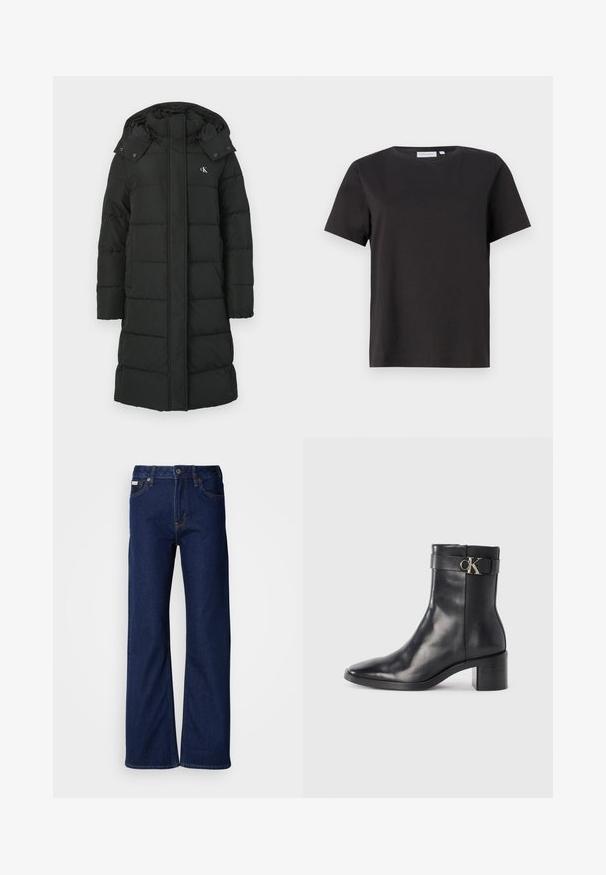 Sort puffers jacket med hætte, featuring en quiltet design, front lynlås lukning, og logo på venstre bryst. Glat, isoleret stof.; Sort bomulds T-shirt med korte ærmer, rund halsudskæring og et enkelt, rent design. Ingen synlige mønstre eller udsmykninger.; Mørkeblå denimjeans med vidbenet design, lige snit, fem lommer og lynlås foran. Syning detaljer langs sømmerne.; Sort læder ankelstøvle med spids tå, blokhæl og en rem med en metallisk logo detalje. Glat tekstur og minimalistisk design.