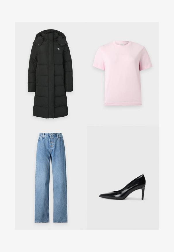 Sort puffers jacket med hætte, featuring en quiltet design, front lynlås lukning, og logo på venstre bryst. Glat, isoleret stof.; Lyserød T-shirt med korte ærmer og rund hals med et diskret præget "Calvin Klein"-logo i midten af brystet.; Lyseblå denimjeans med højt liv, bred benåbning, fem-knaps lukning og bæltestropper. Stoffet har en glat tekstur med minimal falming.; Sort læder højhælede sko med spids tå, glat tekstur og en taperet hæl. Minimalistisk design uden yderligere udsmykninger.