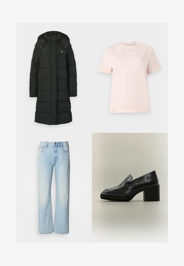 Schwarze Daunenjacke mit Kapuze, die ein gestepptes Design, einen Frontreißverschluss und ein Logo auf der linken Brust aufweist. Glattes, isoliertes Material.; Helles rosa Baumwoll-T-Shirt mit Rundhalsausschnitt, kurzen Ärmeln und einem kleinen, im passenden Farbton auf der Brust bedruckten "Calvin Klein"-Logo.; Helle blaue weit geschnittene Jeans aus Denim, mit einem klassischen Fünf-Taschen-Design und einer dezenten, gewaschenen Textur. Die Denim-Nähte sind sichtbar.; Schwarzer Leder-Slipper mit dicker Plateausohle und Blockabsatz, mit gesteppten Nahtdetails und einem kleinen metallischen Akzent am oberen Teil.