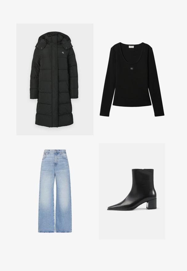 Schwarze Daunenjacke mit Kapuze, die ein gestepptes Design, einen Frontreißverschluss und ein Logo auf der linken Brust aufweist. Glattes, isoliertes Material.; Schwarzes langärmeliges, geripptes Top mit Rundhalsausschnitt und kleinem Calvin Klein Logo-Patch zentriert auf der Brust.; Hellblaue Jeans mit hoher Taille und weitem Bein, vorne mit Knopf- und Reißverschluss, vorderen und hinteren Taschen sowie einem leicht verwaschenen Detail an der rechten Tasche.; Schwarze Lederschnürstiefelette mit spitzer Zehenform, glatter Textur und mittelhohem Blockabsatz. Minimalistisches Design, Reißverschluss hinten.
