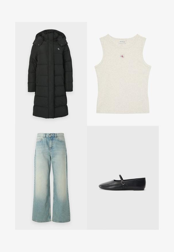 Zwarte pufferjas met een capuchon, voorzien van een gewatteerd ontwerp, rits aan de voorkant en een logo op de linkerborst. Glad, geïsoleerd materiaal.; Mouwloze lichtbeige geribde tanktop met Calvin Klein Jeans-label aan de binnenkant van de kraag en een klein CK-logo onderaan de halslijn in het midden.; Lichtblauwe wijde jeans van denim, met een vervaagde wassing, klassieke vijf-pocketontwerp en een sluiting met knoop aan de voorkant.; Zwarte leren balletschoenen met een spitse neus, platte zool en een kleine strap met een zilveren gespsluiting.