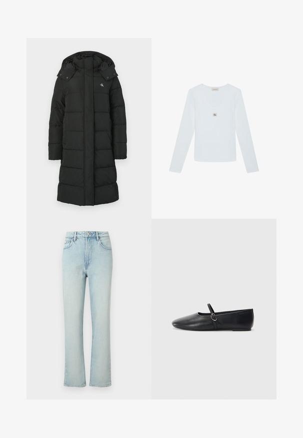 Zwarte pufferjas met een capuchon, voorzien van een gewatteerd ontwerp, rits aan de voorkant en een logo op de linkerborst. Glad, geïsoleerd materiaal.; Wit Calvin Klein shirt met lange mouwen, een ronde halslijn en een klein CK-logo patch in het midden onder de kraag.; Lichtblauwe jeans met hoge taille en rechte pijpen, met voorste knoop, riemlussen en klassiek ontwerp met vijf zakken tegen een effen achtergrond.; Zwarte leren balletschoenen met een spitse neus, platte zool en een kleine strap met een zilveren gespsluiting.