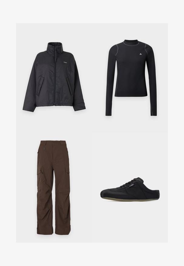 Doudoune noire zippée avec col montant, poches latérales et petit logo blanc sur le côté gauche de la poitrine sur un fond clair uni.; Top noir à manches longues avec un col haut, en tissu texturé, et coutures contrastées. Présente un petit logo sur la poitrine et un design ajusté.; Pantalons cargo marron à coupe droite, fabriqués en tissu durable. Comprend plusieurs poches et un design de taille sécurisée.; Baskets noires à enfiler avec lacets, semelle plate et une petite étiquette en tissu avec logo sur le côté, présentées de profil sur un fond blanc.