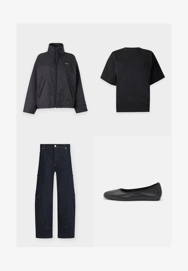 Doudoune noire zippée avec col montant, poches latérales et petit logo blanc sur le côté gauche de la poitrine sur un fond clair uni.; T-shirt noir uni à manches courtes avec col rond et ourlet droit sur fond gris clair.; Pantalon cargo en denim bleu foncé avec jambes larges, fermeture devant par bouton et zip, grandes poches latérales.; Ballerines en cuir noir avec un bout rond, texture lisse, détails de couture minimalistes et design de semelle flexible.