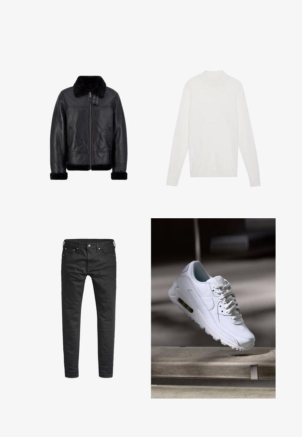 Veste en cuir noir avec un col et des poignets en fausse fourrure noire douce. Dotée d'une fermeture éclair à l'avant, de poches avant et d'un design structuré.; Pull-over blanc avec un col montant, des manches longues et des poignets et un ourlet côtelés. Fabriqué en tissu tricoté doux. Design simple et ajusté.; Jeans noirs slim-fit avec poches avant, passants de ceinture, et fermeture à bouton, présentés sur un fond blanc.; Baskets blanches en cuir avec des surfaces texturées, un col rembourré et un amorti d'air visible dans la semelle. Elles possèdent des lacets et un design minimaliste.