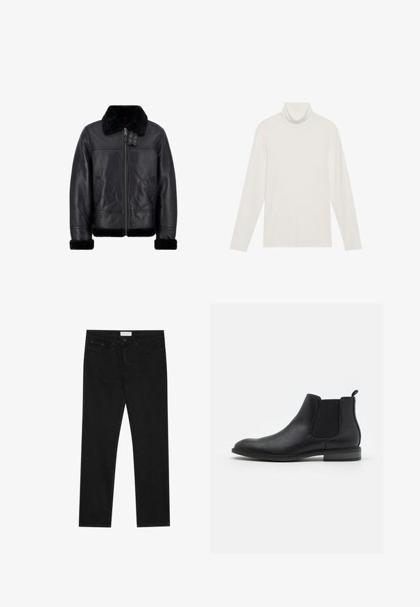 Veste en cuir noir avec un col et des poignets en fausse fourrure noire douce. Dotée d'une fermeture éclair à l'avant, de poches avant et d'un design structuré.; Haut à col roulé à manches longues en blanc. Tissu doux et extensible avec une silhouette ajustée. Présente un col haut et un minimum de couture.; Jean droit noir avec un design à cinq poches, fermeture à bouton et zip, et une étiquette de marque Pier One sur la taille.; Bottines Chelsea noires en cuir avec panneaux élastiques sur les côtés, bout rond et languette, présentant un petit talon bloc et une texture lisse.