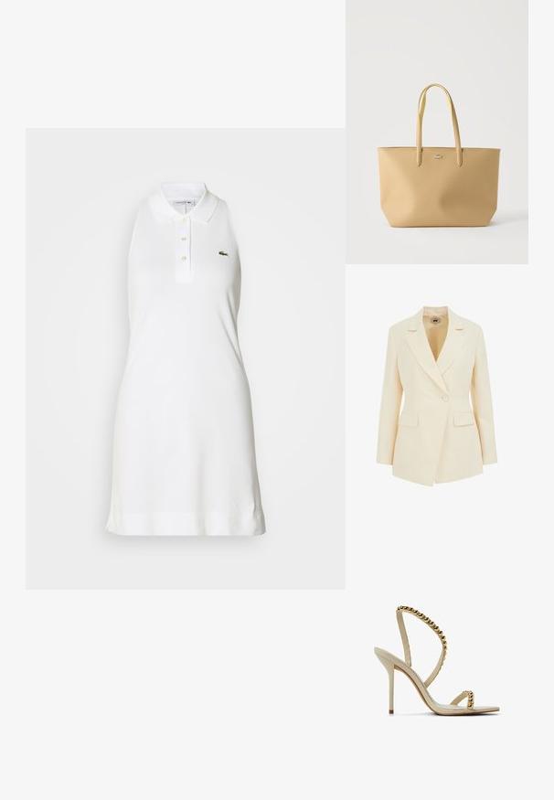 Blazer beige sur mesure avec un col à revers, fermeture à un bouton et deux poches avant. Texture lisse avec une silhouette structurée.; Robe polo blanche sans manches avec col et trois boutons, arborant un petit logo de crocodile vert sur la poitrine gauche.; Sandales à talons hauts beiges avec des accents en or cloutés, présentant un design à fines lanières et un bout pointu. Texture lisse, talon aiguille.; Sac fourre-tout beige texturé avec deux poignées et un petit logo crocodile argenté centré près du bord supérieur.