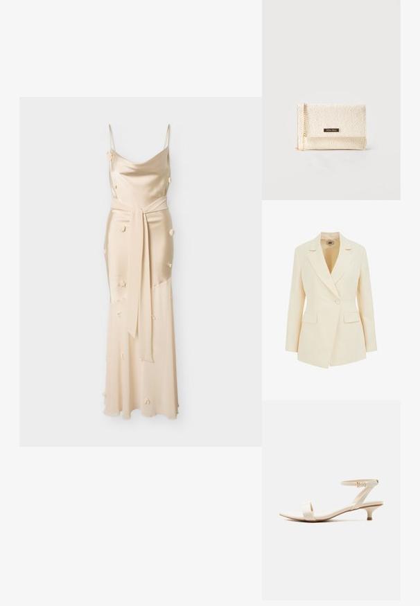 Beige op maat gemaakte blazer met een reverskraag, enkele knoopsluiting en twee voorzakken. Soepele textuur met gestructureerd silhouet.; Beige satijnen lange jurk met dunne bandjes, kleine stoffen bloemenapplicaties en een bijpassende tailleband.; Beige sandaal met lage hak, voorzien van een enkele teenriem en een verstelbare enkelriem met een kleine gouden gesp, op een witte achtergrond.; Crème kleurige clutch met geperst bloemmotief, gouden kettingriem en een klein metalen plaatje met de tekst "ANNA FIELD" op de voorklep.