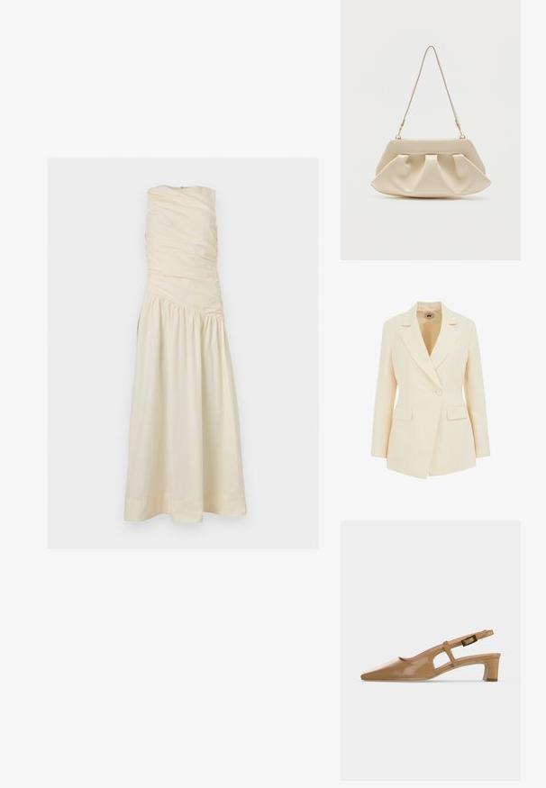 Beige skræddersyet blazer med slagkrave, enkelt knaplukning og to forlommer. Glat tekstur med struktureret silhuet.; Ærmeløs cremefarvet kjole med rynket liv og asymmetrisk indsamlet talje, der flyder ud i et langt, glat skørt.; Beige laklæder slingback sko med spids tå, lav blokhæl og justerbar spænde strop på hvid baggrund.; Kremfarvet blød clutch-taske med samlet plissering og en tynd skulderrem med guldfarvet hardware.