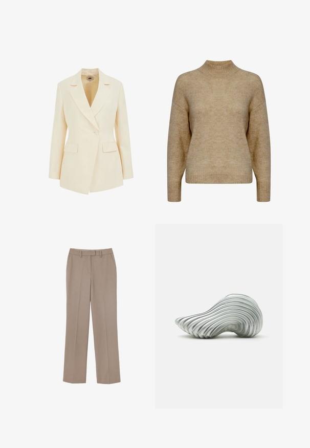Beige skræddersyet blazer med slagkrave, enkelt knaplukning og to forlommer. Glat tekstur med struktureret silhuet.; Beige strikket sweater med høj hals, sænkede skuldre og ribbede manchetter. Blød tekstur og minimalistisk design med en let løs pasform.; Beige skræddersyede bukser med lige ben-design, lavet af letvægtsstof. Har to sidelommer og en flad frontlinning.; Gennemsigtig, ribbet, buet sål med bølgeagtig tekstur, designet til støddæmpning og støtte, vist på en ensfarvet hvid baggrund.