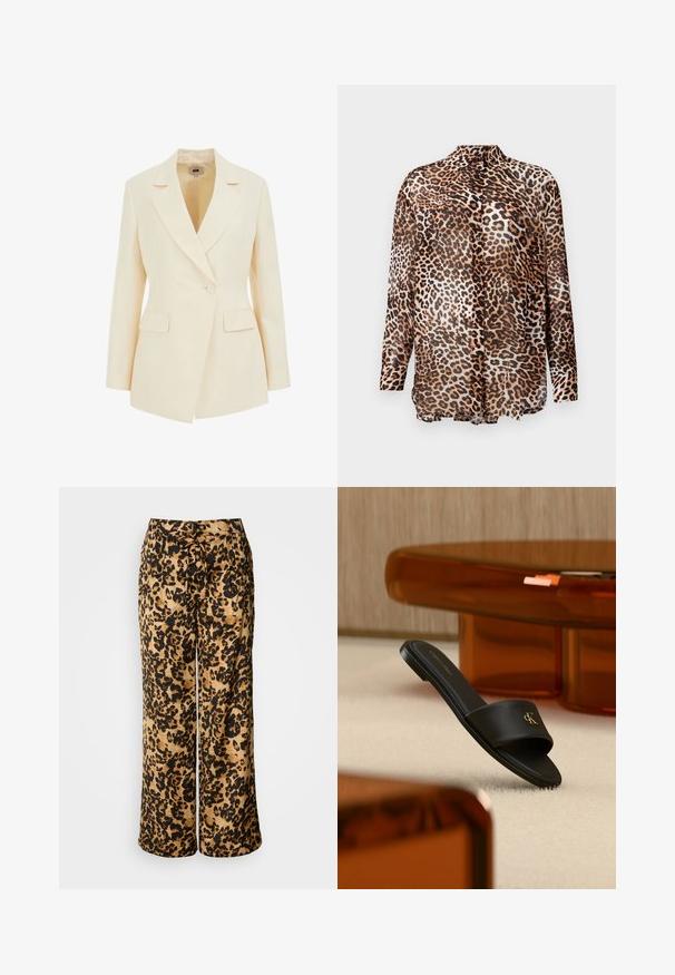 Beige skræddersyet blazer med slagkrave, enkelt knaplukning og to forlommer. Glat tekstur med struktureret silhuet.; Langærmet skjorte med knaplukning i brun og sort leopardmønster på en lys baggrund.; Leopardprint brede bukser i tan med sorte pletter. Har en snøre i livet og to sidelommer. Glat tekstur.; Sort Calvin Klein slip-in sandal med gyldent logo, hvilende på et beige tæppe, i nærheden af et gennemsigtigt ravfarvet bord med stabel af bøger.