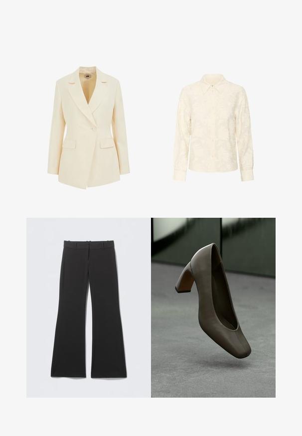 Beige skræddersyet blazer med slagkrave, enkelt knaplukning og to forlommer. Glat tekstur med struktureret silhuet.; Button-up skjorte lavet af struktureret kremfarvet stof med blomsterbroderi, lange ærmer og klassisk krave. To synlige forknapper.; Sorte vide bukser med en glat stoftekstur, der har en klassisk talje og skjult lynlås foran. Ingen synlige mønstre eller accenter.; Mørke olivengrøn lædersko med høj hæl, firkantet tå og blokhæl, svævende over et gråt betongulv med en sløret grøn baggrund.