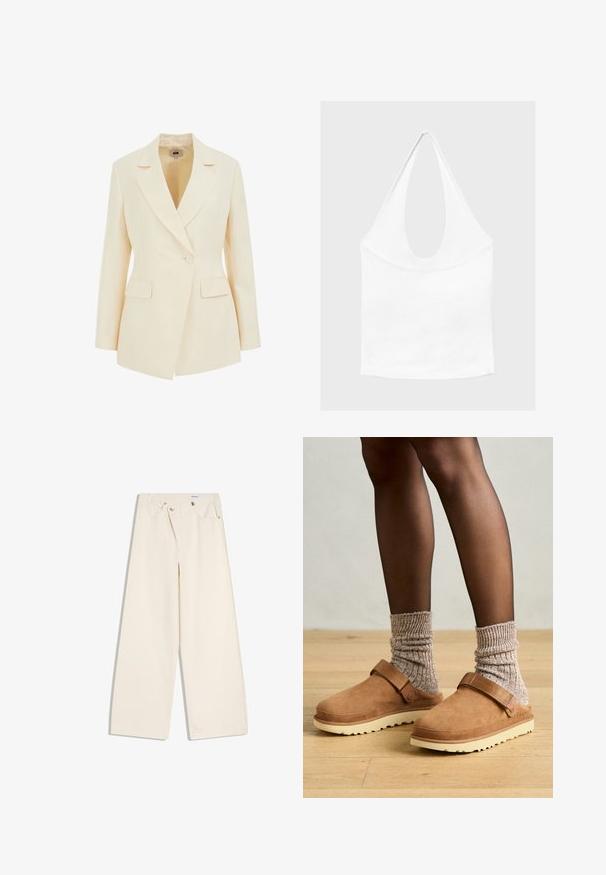 Beige skræddersyet blazer med slagkrave, enkelt knaplukning og to forlommer. Glat tekstur med struktureret silhuet.; Hvid ærmeløs haltertop med dyb, rund udskæring og tætsiddende talje, vist mod en enkel lys baggrund.; Off-white bukser med vidde i benene, foranlommer, bærestropper og sølvknapper på linningen og lommekanter.; Brune ruskindsklipklapper med en rem, cremefarvet gummisål og strukturerede grå strømpesokker. Gulvet er lyseget.