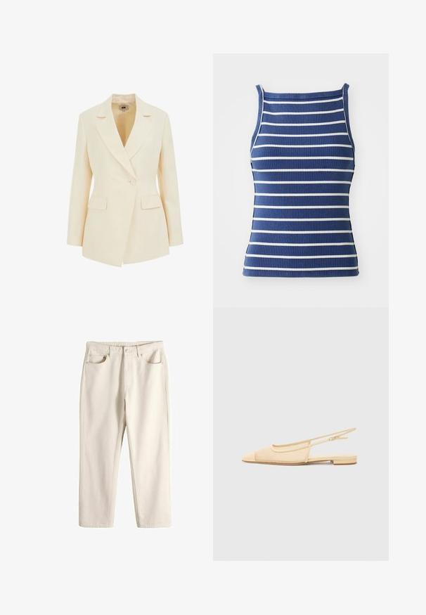 Beige skræddersyet blazer med slagkrave, enkelt knaplukning og to forlommer. Glat tekstur med struktureret silhuet.; Ribbet tanktop i marineblå med hvide vandrette striber. Har en rund halsudskæring og en tætsiddende pasform. Lavet af strækbart materiale.; Off-white jeans med lige ben, forreste knap og lynlås lukning, to forlommer og sølvnitter.; Slingback fladsko i lys beige med en mesh-overdel, spids tå og en lav hæl. Har en justerbar strop for bedre pasform.