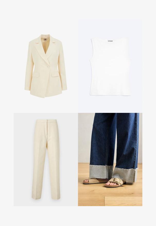 Beige op maat gemaakte blazer met een reverskraag, enkele knoopsluiting en twee voorzakken. Soepele textuur met gestructureerd silhouet.; Wit nauwsluitend mouwloos tanktopje met een ronde halslijn en minimalistisch ontwerp, met het label "WEEKDAY" aan de binnenkant van de kraag.; Lichte crème tailored broek met een textuur van bloemmotief, met een rechte pijp en een schone tailleband met een achtersluiting.; Voeten in beige Birkenstock-sandalen met gouden gespen, gecombineerd met donkerblauwe denimspijkerbroeken die bij de boorden opgerold zijn, staande op een houten vloer.