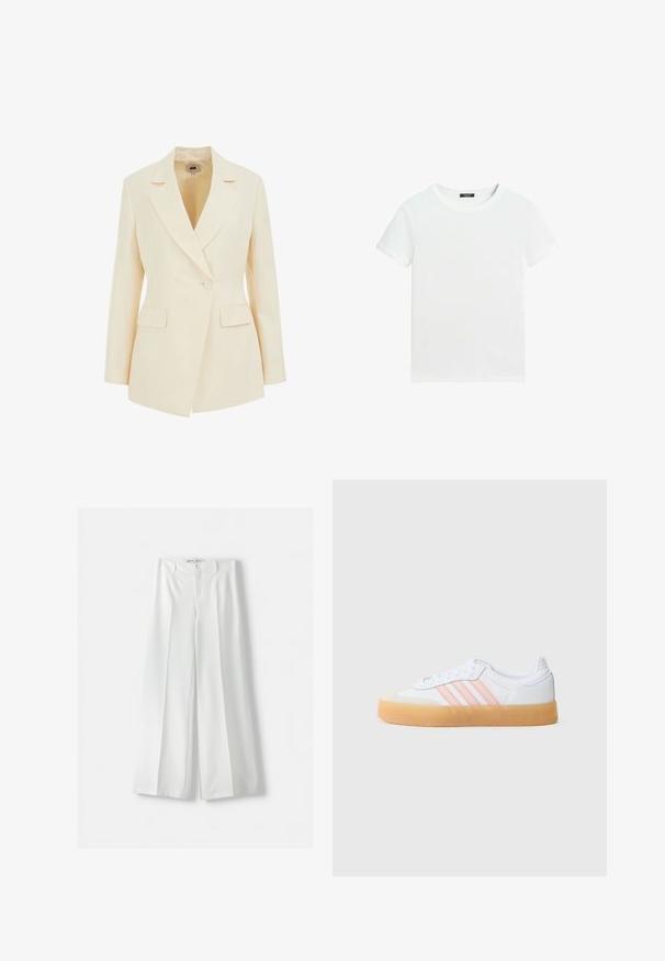 Beige skræddersyet blazer med slagkrave, enkelt knaplukning og to forlommer. Glat tekstur med struktureret silhuet.; Almindelig hvid T-shirt med korte ærmer, rund halsudskæring og lille sort label inden i kraven.; Hvide brede bukser med høj talje, midterfold og klassisk knaplukning. Fremstillet af glat stof med en skræddersyet design.; Hvide sneakers med lyserøde striber, gummisål og ruskindstropfod. Har snørelukning og teksturerede materialer på overdelen.