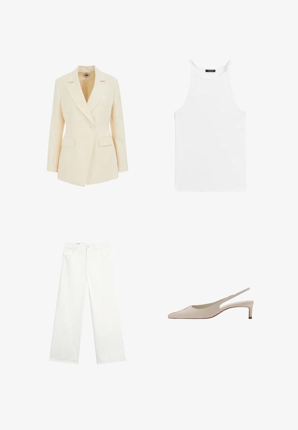 Beige op maat gemaakte blazer met een reverskraag, enkele knoopsluiting en twee voorzakken. Soepele textuur met gestructureerd silhouet.; Witte mouwloze tanktop met dunne bandjes en een hoge halslijn, plat gelegd op een witte achtergrond.; Witte broek met wijde pijpen, voorzakken, riemlussen en een knoopsluiting in de taille, weergegeven op een effen witte achtergrond.; Beige leren slingbackschoen met puntige neus en lage blokhak, van opzij getoond op een witte achtergrond.