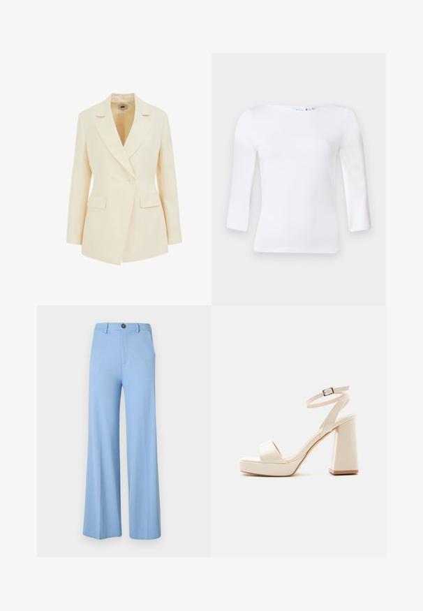 Beige skræddersyet blazer med slagkrave, enkelt knaplukning og to forlommer. Glat tekstur med struktureret silhuet.; Langærmet hvid top med firkantet udskæring, lavet af glat bomuldsblandingsmateriale, med tætsiddende ærmer og en let buet kant.; Lys blå vide bukser lavet af et glat stof, med knaplukning og forlommer. Rent, skræddersyet design uden mønstre.; Beige platformsandal med tyk blokhæl, åben tå og ankelrem med metalspænde på hvid baggrund.