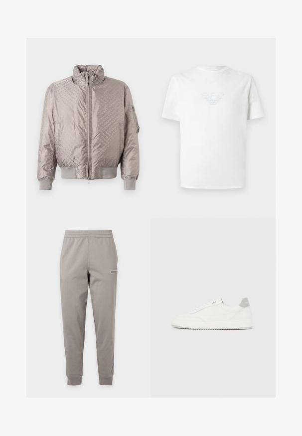 Veste bomber matelassée en nylon gris clair avec un motif logo ton sur ton, col haut, fermeture éclair frontale et poignets et ourlet côtelés.; T-shirt blanc à manches courtes avec col rond, logo aigle Giorgio Armani en relief centré sur la poitrine.; Pantalon de jogging slim gris clair avec taille et poignets élastiques, avec un petit logo rectangulaire sur la cuisse droite.; Baskets basses blanches avec un onglet de talon gris, des lacets blancs et une semelle texturée, présentées sur un fond uni clair.
