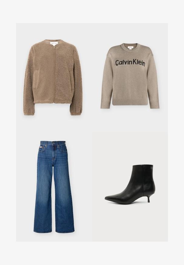 Veste en polaire marron avec un col rond, une fermeture éclair frontale et des poches latérales. Tissu texturé avec une apparence douce et confortable.; Pull en tricot beige à manches longues avec poignets et ourlet côtelés, portant le logo "Calvin Klein" noir sur la poitrine.; Jeans en denim bleu à jambes larges avec taille haute, bouton frontal, fermeture éclair et design à cinq poches sur un fond uni.; Bottine en cuir noir avec bout pointu et petit talon kitten sur fond clair, vue côté extérieur.