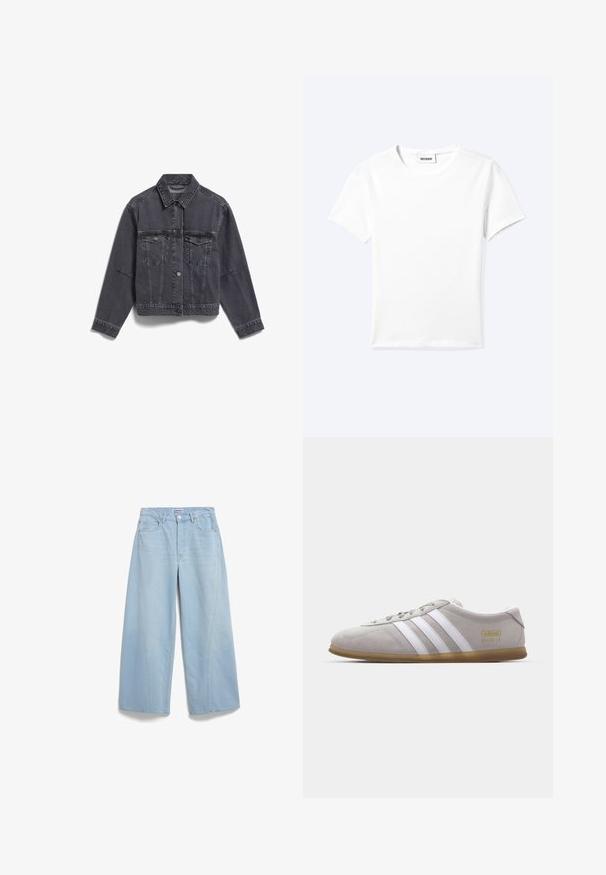 Donkergrijze denimjas met een kraag, twee borstzakken, knoopsluitingen en zichtbare stikseldetails. Lange mouwen met omgeslagen mouwen.; Effen wit T-shirt met korte mouwen en ronde hals met een klein "WEEKDAY" label aan de binnenkant van de hals, plat neergelegd op een lichte achtergrond.; Lichtblauwe wijde jeans van denim met een hoge taille, voorzakken en subtiele vervaging. Gesloten met een knopenfly en riemlussen.; Grijze suede sneaker met witte leren strepen en gouden logo detail. Platte gum zool, ronde neus en klassiek vetersluitingssysteem.