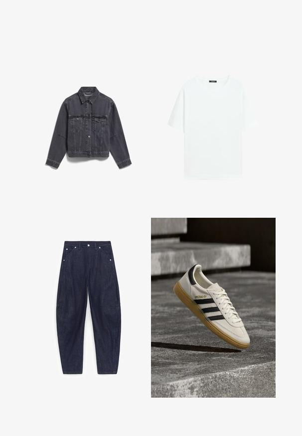 Donkergrijze denimjas met een kraag, twee borstzakken, knoopsluitingen en zichtbare stikseldetails. Lange mouwen met omgeslagen mouwen.; Effen wit T-shirt met korte mouwen en ronde hals, met een klein zwart label aan de binnenkant van de kraag.; Donkerblauwe spijkerbroek met wijde pijpen, voorzakken, lussen voor een riem en zilveren klinknagels, plat weergegeven op een witte achtergrond.; Witte Adidas Spezial sneaker met zwarte strepen en gumzool, zwevend boven grijze stenen trappen buiten.