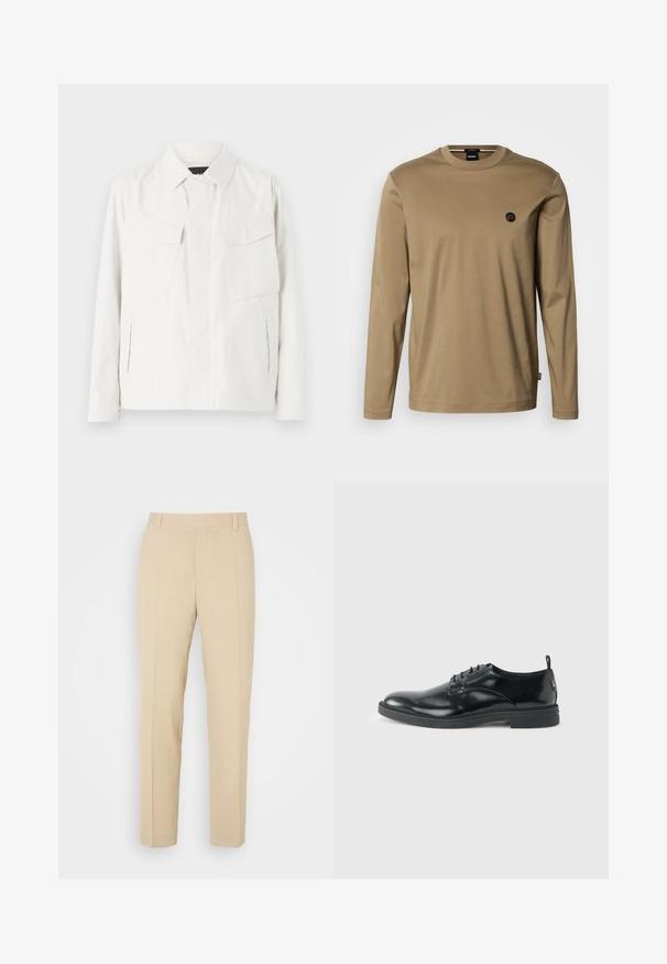 Veste légère blanche en tissu doux avec un col, deux poches plaquées à l'avant, fentes latérales et fermetures à boutons.; Chemise à manches longues en coton marron clair avec un col rond, ornée d'un petit patch logo noir sur la poitrine et de détails de couture minimalistes.; Pantalons beige ajustés avec une coupe droite, fabriqués en tissu léger, dotés de deux poches avant et de plis bien repassés.; Chaussure habillée en cuir noir brillant avec un petit talon, fermeture à lacets et bout rond, vue de côté sur un fond uni et clair.