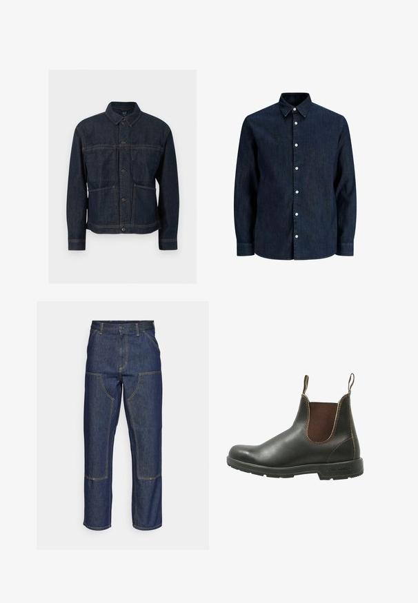 Veste en denim bleu foncé avec fermeture par boutons, deux poches avant et un col classique, présentée sur fond blanc.; Chemise en denim bleu foncé à manches longues avec des boutons blancs et un col pointu, présentée sur fond blanc.; Jeans en denim bleu foncé avec une taille haute, une coupe droite, des coutures contrastantes et des poches appliquées à l'avant.; Bottines Chelsea en cuir noir lisse avec des panneaux élastiques marron sur les côtés, des coutures contrastantes et une semelle en caoutchouc texturée.