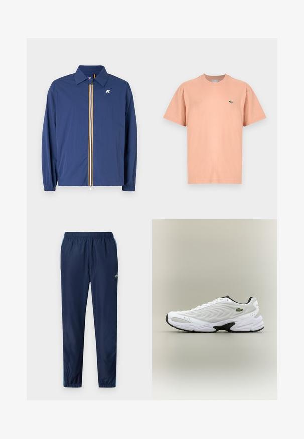 Chaqueta ligera de color azul marino con cuello tipo solapa, cremallera frontal con rayas multicolores y puños elásticos para un ajuste ceñido.; Camiseta de manga corta y cuello redondo en algodón color durazno claro con un pequeño logo de cocodrilo verde de Lacoste en el lado izquierdo del pecho.; Pantalones deportivos azul marino con cintura elástica, piernas ajustadas y acentos en azul claro a lo largo de los lados; fabricados con un material ligero y suave.; Zapatilla deportiva blanca con parte superior de malla texturizada, diseño curvado y suela exterior negra en contraste. Presenta un logo verde bordado en el lateral.