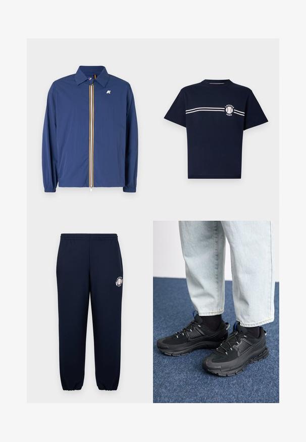 Chaqueta ligera de color azul marino con cuello tipo solapa, cremallera frontal con rayas multicolores y puños elásticos para un ajuste ceñido.; Camiseta de algodón navy de manga corta. Presenta un cuello redondo, dos franjas horizontales blancas en el pecho y un detalle de logo en el lado izquierdo.; Pantalones de chándal azul marino hechos de suave algodón, con puños y cinturilla elásticos. Presentan un logotipo blanco de Lacoste Paris en la pierna izquierda.; Zapatillas deportivas negras con tejido texturizado y suelas de goma, con cordones elásticos y un acento azul en el talón. Combinadas con pantalones de mezclilla claros.