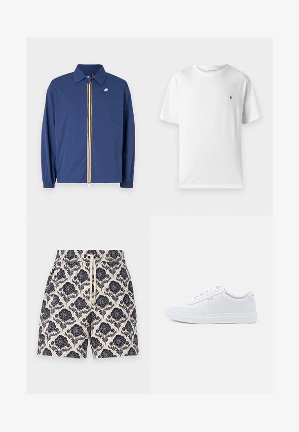 Veste légère bleu marine avec col, fermeture éclair avant, ornée de rayures multicolores et avec des poignets élastiques pour un ajustement parfait.; T-shirt en coton blanc à col rond, manches courtes, avec un petit logo noir sur la poitrine. Texture douce, coupe décontractée.; Shorts imprimés en crème avec un motif floral bleu marine, dotés d'une taille élastique et d'un cordon de serrage, fabriqués en tissu léger.; Baskets blanches en cuir avec une texture lisse, bout rond et coutures tonales. Possède des lacets bleus et un logo doré sur le côté.