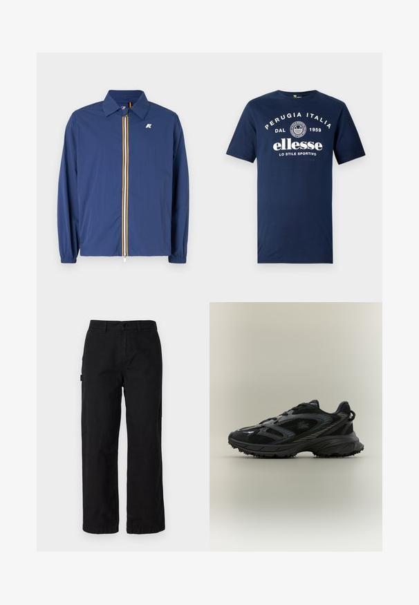 Veste légère bleu marine avec col, fermeture éclair avant, ornée de rayures multicolores et avec des poignets élastiques pour un ajustement parfait.; Tee-shirt en coton bleu marine avec impression blanche "PERUGIA ITALIA DAL 1959" et "ellesse LO STILE SPORTIVO" à l'avant. Manches courtes.; Pantalons cargo en coton noir avec une coupe droite, dotés de poches latérales et d'une fermeture par bouton à l'avant. Tissu durable avec une texture lisse.; Chaussure de sport noire avec des panneaux en mesh, une semelle texturée, des lacets et une silhouette courbée avec des accents argentés sur les côtés.