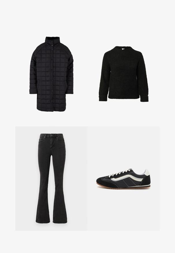 Manteau matelassé noir avec un col haut, fermeture à boutons-pression et poches avant. Le tissu a une texture lisse avec un motif en damier.; Pull noir en tissu texturé, avec un col rond et des manches longues. Le design présente une coupe décontractée avec des poignets côtelés.; Jean flare taille haute noir avec fermeture à boutons et zip devant, poches avant et arrière, et ourlets droits surpiqués.; Baskets en suede noir et nylon avec une bande latérale blanche, des lacets blancs et une semelle en caoutchouc gomme, au design bas.
