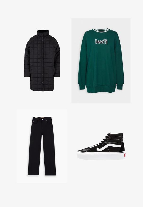 Zwarte gewatteerde jas met een hoge kraag, drukknoopsluiting en voorkruiszakken. De stof heeft een gladde textuur met een ruitpatroon.; Groene sweatshirt met lange mouwen, voorzien van een geribbelde ronde hals in wit en zwart. Geborduurd 'levi's' logo op de borst. Zacht, gestructureerd materiaal.; Zwarte denim jeans met een recht model, vijf zakken, koperen hardware en een gladde textuur. Twee labels zichtbaar op de tailleband.; Zwarte high-top sneakers met witte veters, een wit logo en contrasterende witte stiksels. Heeft een dikke witte zool en een bovenwerk van gestructureerd suede.