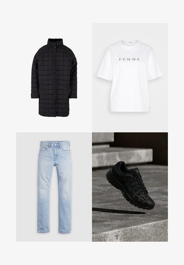 Schwarzer gesteppter Mantel mit hohem Kragen, Druckknopfverschluss und Fronttaschen. Der Stoff hat eine glatte Textur mit einem rautenförmigen Muster.; Weißes Baumwoll-T-Shirt mit kurzen Ärmeln, das das Wort "FEMME" in schwarzen Blockbuchstaben mittig auf der Vorderseite trägt. Runder Ausschnitt.; Hellblaue Denim-Jeans mit geradem Schnitt, Knopf- und Reißverschluss, Fünf-Pocket-Design und leichter Ausbleichung des Stoffs.; Schwarzer Sportschuh mit Mesh-Obermaterial, Gummisohle und einem filigranen Schnürdesign; verfügt über eine leichte Kurve und Nike-Branding.